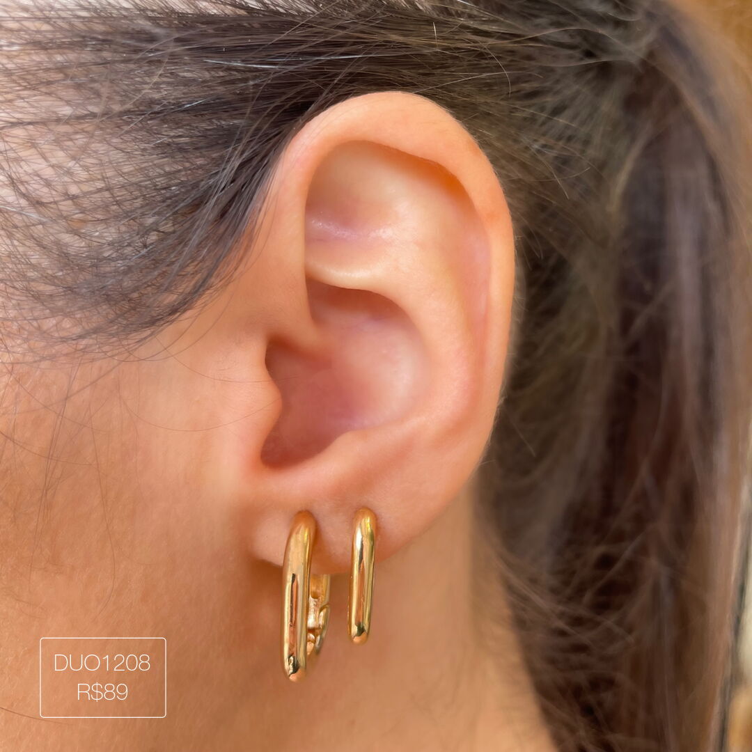 Duo Argola Quadrada Ovalada Lisa Dourada